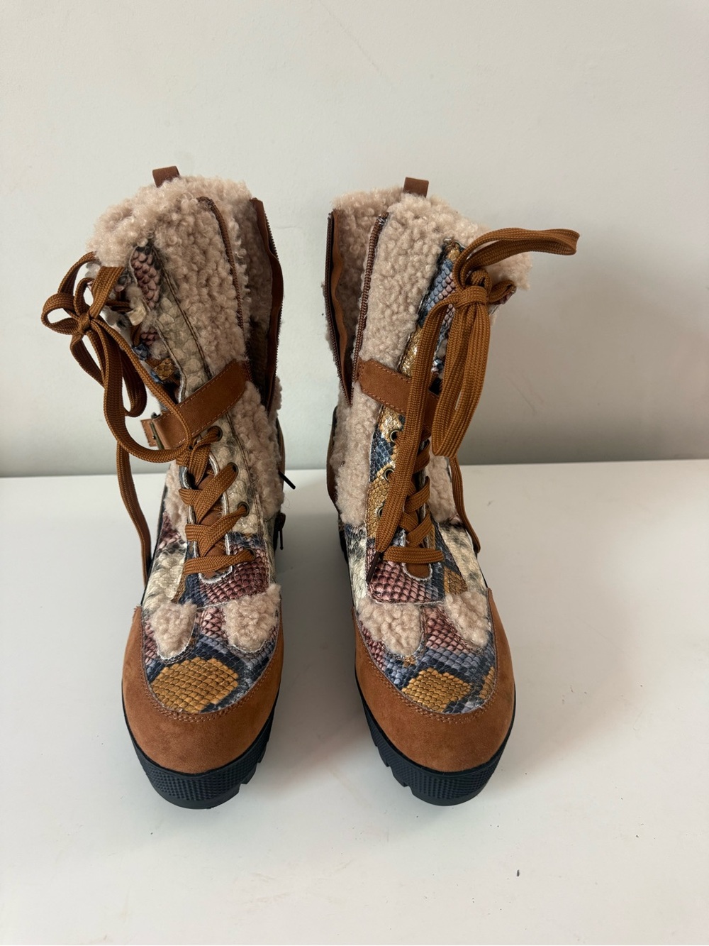 BAMBOO Tan Patchwork Sherpa Lace-Up Boots